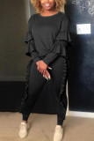 Black Fashion Casual Solid Patchwork O Neck Long Sleeve Two Pieces