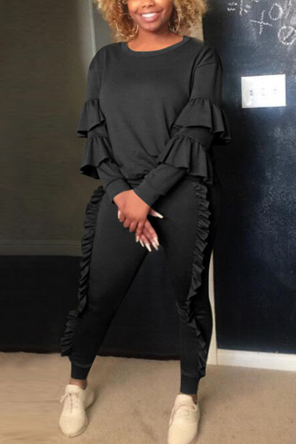 Black Fashion Casual Solid Patchwork O Neck Long Sleeve Two Pieces