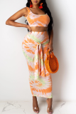 Tangerine Red Sexy Patchwork Tie-dye Square Collar Sleeveless Two Pieces