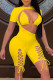 Yellow Fashion Sexy Solid Hollowed Out Strap Design O Neck Short Sleeve Two Pieces