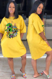 Yellow Fashion Casual adult Ma'am Black Pink Yellow Cap Sleeve Half Sleeves O neck A-Line Knee-Length Print Dresses