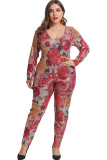 Camouflage Polyester Sexy O Neck Patchwork Zippered Sequin Floral Stitching Plus Size Jumpsuits