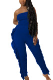 Blue Fashion street Ruffled Solid Sleeveless Wrapped Jumpsuits