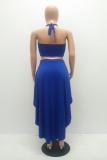 Blue Sexy Fashion Slim fit Two Piece Suits asymmetrical Solid crop top Regular Sleeveless Two-