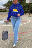 Royal Blue Fashion Casual Print Basic Hooded Collar Tops
