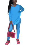 Blue Fashion Casual Adult Polyester Solid Split Joint O Neck Long Sleeve Regular Sleeve Regular Two Pieces