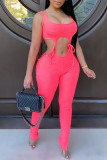 Pink Fashion Casual bandage Solid Polyester Sleeveless O Neck Jumpsuits