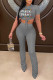 Grey Fashion Casual Letter Print Fold O Neck Short Sleeve Two Pieces