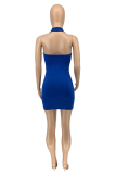 Blue Sexy Solid Hollowed Out Halter Pencil Skirt Dresses
