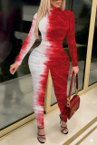 Red Casual Print Patchwork Turtleneck Skinny Jumpsuits