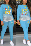 Baby Blue Casual Print Letter O Neck Long Sleeve Two Pieces
