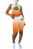 Orange Fashion OL Patchwork Print Two Piece Suits Lips Print pencil Sleeveless Two Pieces