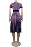 Purple Fashion Casual Striped Print Basic O Neck Short Sleeve Dress
