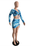 Blue Fashion Sexy Print Strap Design V Neck Long Sleeve Two Pieces