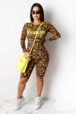 Royal blue Fashion Casual adult Letter Print Leopard Two Piece Suits pencil Long Sleeve Two-Piece Sh