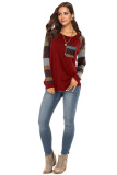 Green O Neck Long Sleeve Patchwork Long Sleeve Tops