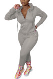 Grey Polyester Fashion adult Ma'am Street Solid Two Piece Suits pencil Long Sleeve Two Pieces