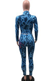Cyan Fashion Casual Adult Print Split Joint O Neck Long Sleeve Regular Sleeve Short Two Pieces