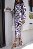 Black England Long Sleeves O neck Pencil Dress Mid-Calf Print zebra Dresses