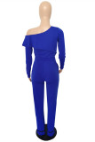 Blue Fashion Casual Striped Patchwork Oblique Collar Long Sleeve Two Pieces