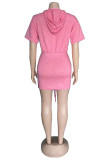 Pink Fashion Casual Solid Draw String Spaghetti Strap Short Sleeve Dress