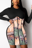 Black Sexy Print O Neck Pencil Skirt Dresses