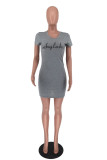 Grey Fashion Casual Print Basic O Neck Short Sleeve Dress