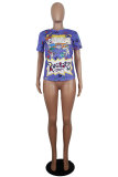 Blue White Blue Yellow purple colour Polyester O Neck Short Sleeve Patchwork Print Character Tops