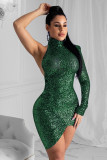 Green Fashion adult Sexy Cap Sleeve Long Sleeves Turtleneck Asymmetrical Knee-Length Solid backl