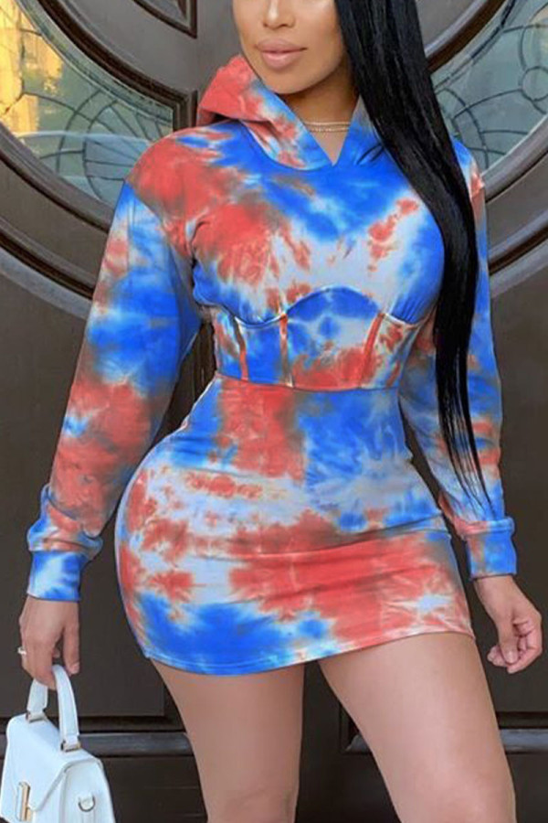 Blue Casual Print Patchwork V Neck A Line Dresses