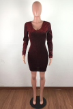 Wine Red Sexy Solid Hollowed Out V Neck Wrapped Skirt Dresses