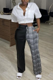 Grey Fashion Casual Plaid Print Mid WaistPatchwork Trousers