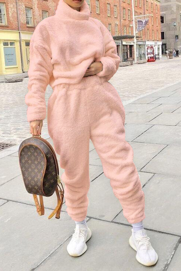 Pink Sexy Solid Patchwork Turtleneck Long Sleeve Two Pieces