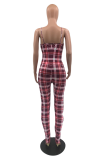 Pink Casual Plaid Draw String Spaghetti Strap Skinny Jumpsuits