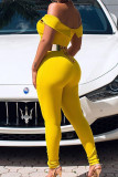 Yellow Fashion Sexy Solid Backless With Belt Off the Shoulder Skinny Jumpsuits