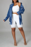 Blue Sexy Casual Solid Backless Spaghetti Strap Sleeveless Two Pieces