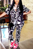 Black Fashion Casual Print Basic Turndown Collar Long Sleeve Two Pieces