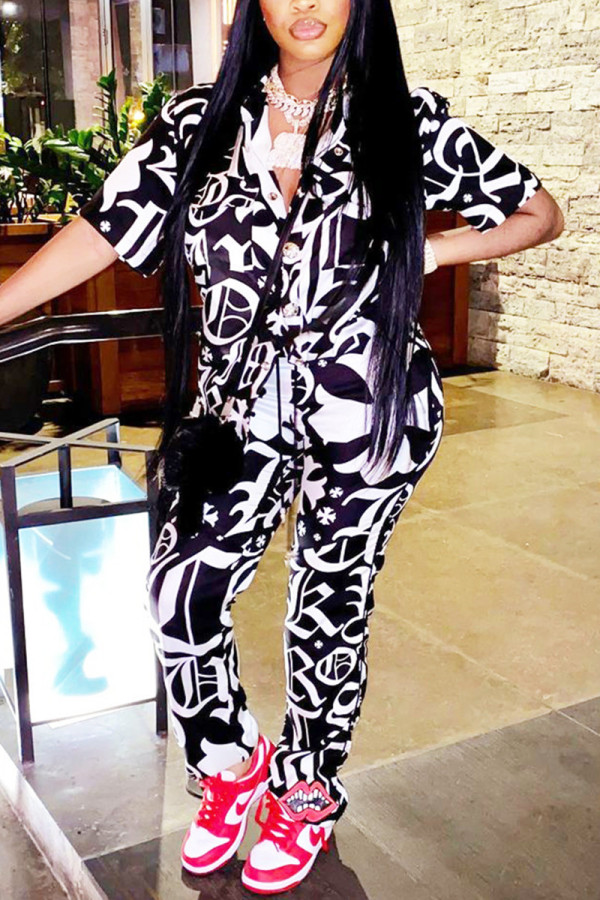 Black Fashion Casual Print Basic Turndown Collar Long Sleeve Two Pieces