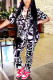 Black Fashion Casual Print Basic Turndown Collar Long Sleeve Two Pieces