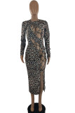 Leopard print Sexy Print Bandage Hollowed Out O Neck Pencil Skirt Dresses