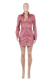 Red Fashion Sexy Solid Basic Turndown Collar Long Sleeve Dresses