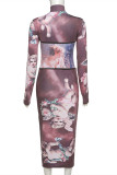 Brown Fashion Sexy Print Basic Half A Turtleneck Long Sleeve Dresses