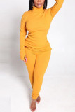 Yellow Casual Solid Split Joint Slit O Neck Long Sleeve Two Pieces