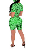 Green Polyester Fashion adult OL Patchwork Print Two Piece Suits pencil Short Sleeve Two Pieces