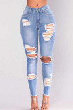 Light Blue Denim Zipper Fly Mid Solid Hole washing pencil Pants Bottoms