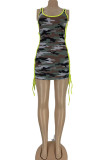 Camouflage Polyester Fashion Sexy Camouflage Tank Sleeveless Slip Asymmetrical skirt Print hollow out asymmetrical Dresses