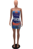 Deep Blue Sexy Print Patchwork Strapless Sheath Dresses