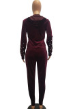 Wine Red Polyester Casual Beading Solid Two Piece Suits Patchwork pencil Long Sleeve