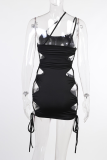Black Sexy Print Hollowed Out Spaghetti Strap Pencil Skirt Dresses