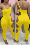 Yellow Sexy Solid Hollowed Out Backless One Shoulder Skinny Jumpsuits